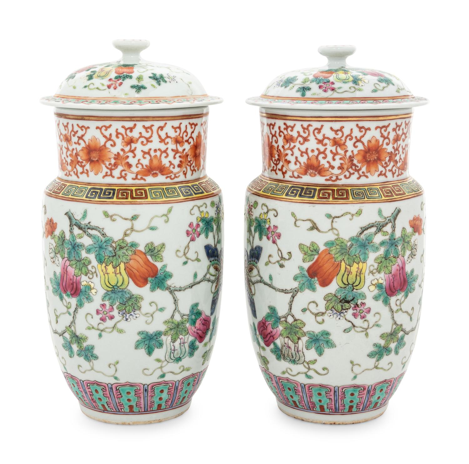 A Pair of Famille Rose Porcelain Covered Jars