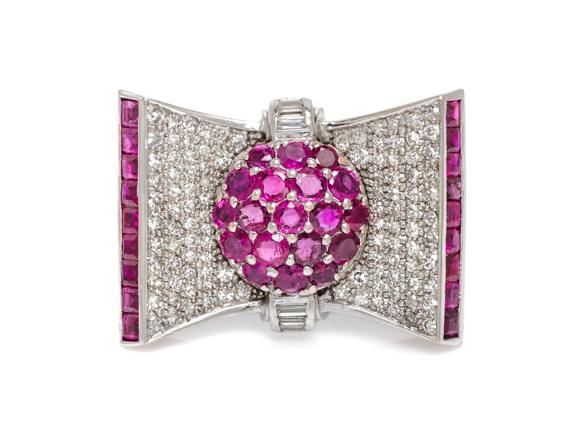 An Art Deco Platinum, Ruby and Diamond Brooch, 10.00 dwts.