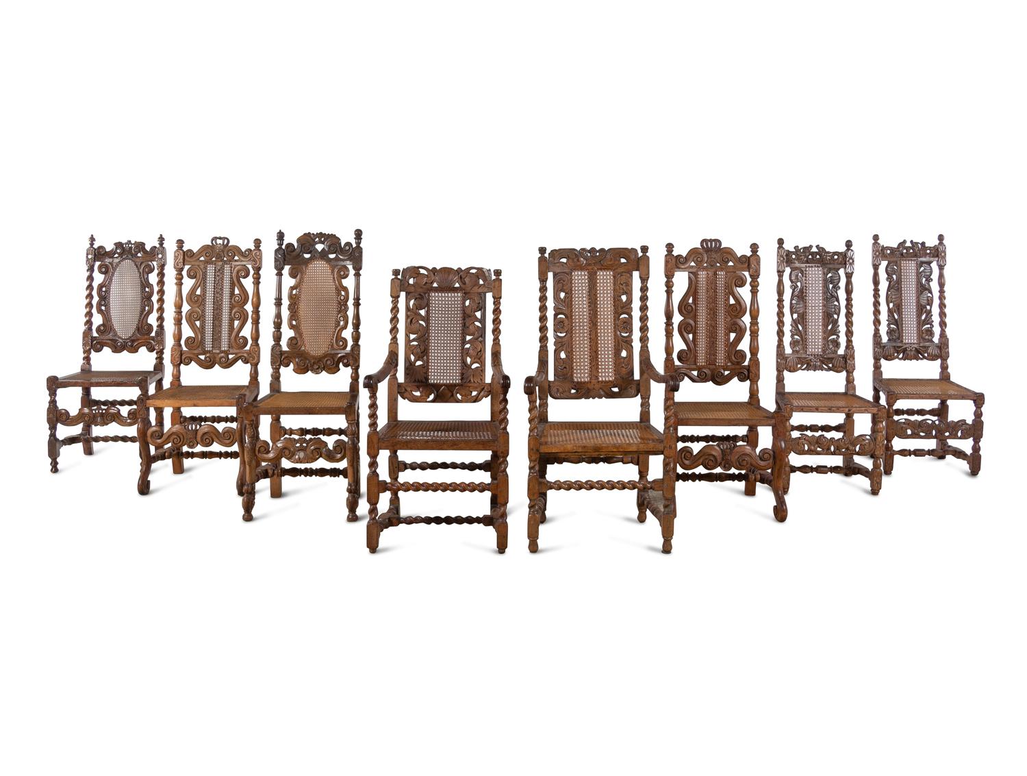 An Assembled Set of Eight English Baroque Walnut Cane-Upholstered Dining Chairs