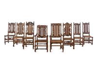 An Assembled Set of Eight English Baroque Walnut Cane-Upholstered Dining Chairs