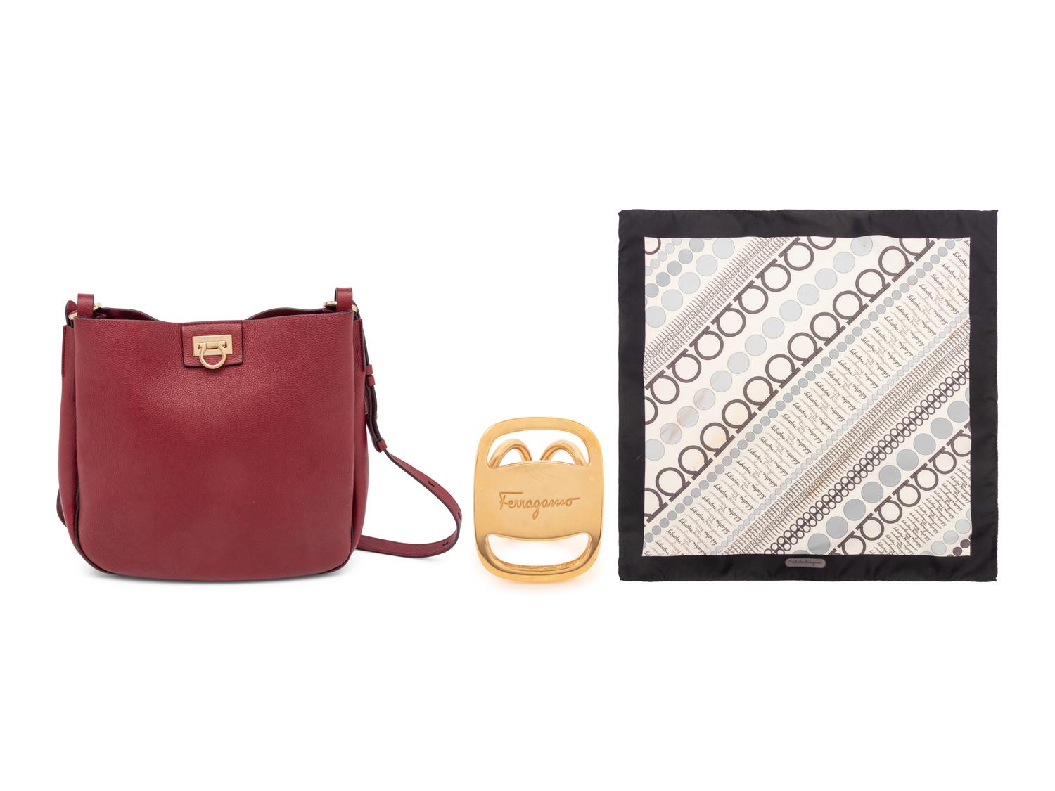 Ferragamo; Leather Tote, Scarf & Scarf Ring
