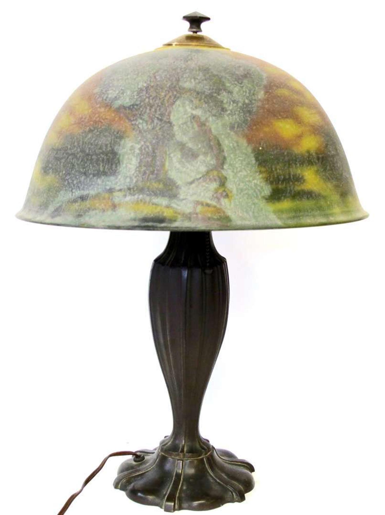 Reverse-painted and bronze table lamp late 19th/early 20th century