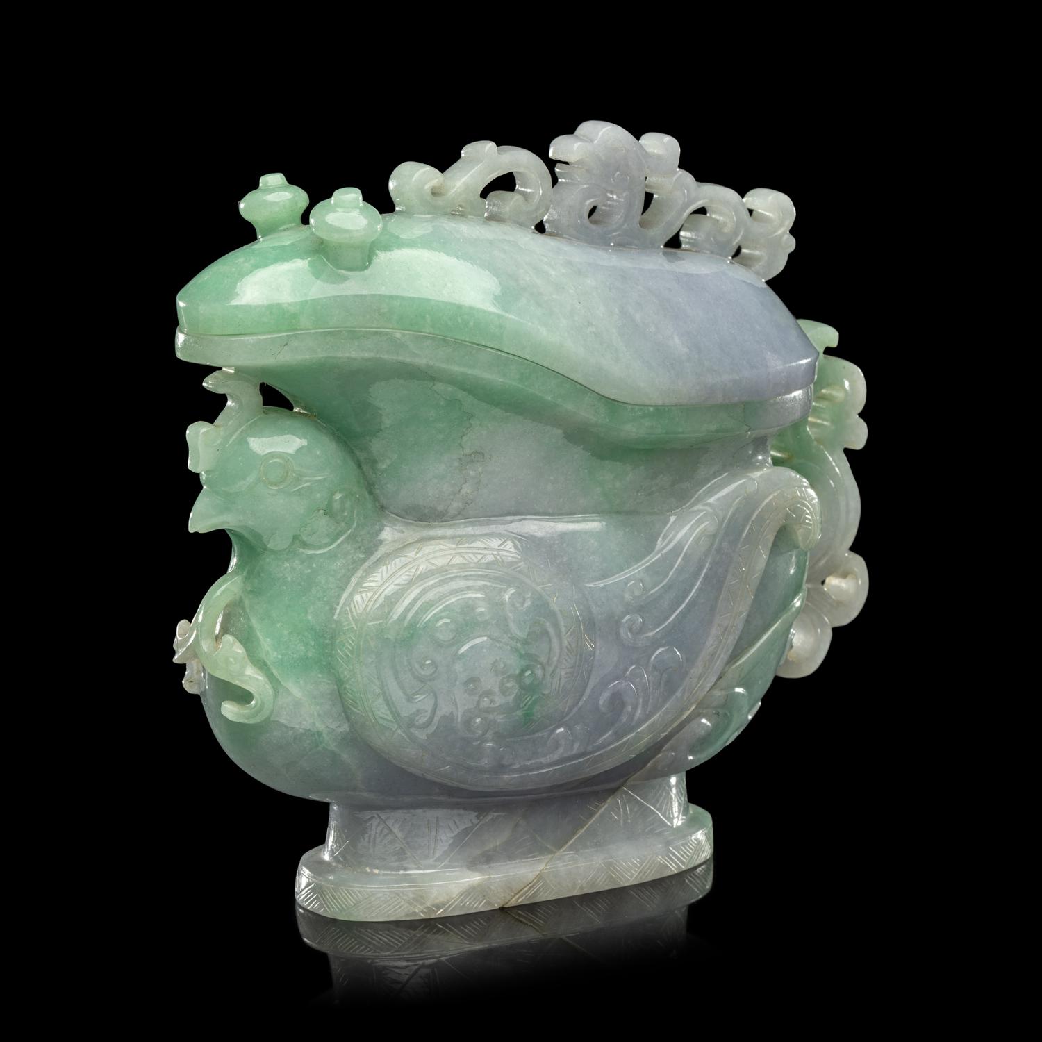 A Chinese Apple Green and Lavender Jadeite 'Phoenix' Covered Gong Vessel, Late 19th-20th Century 晚清-民國 翡翠鳳紋觥