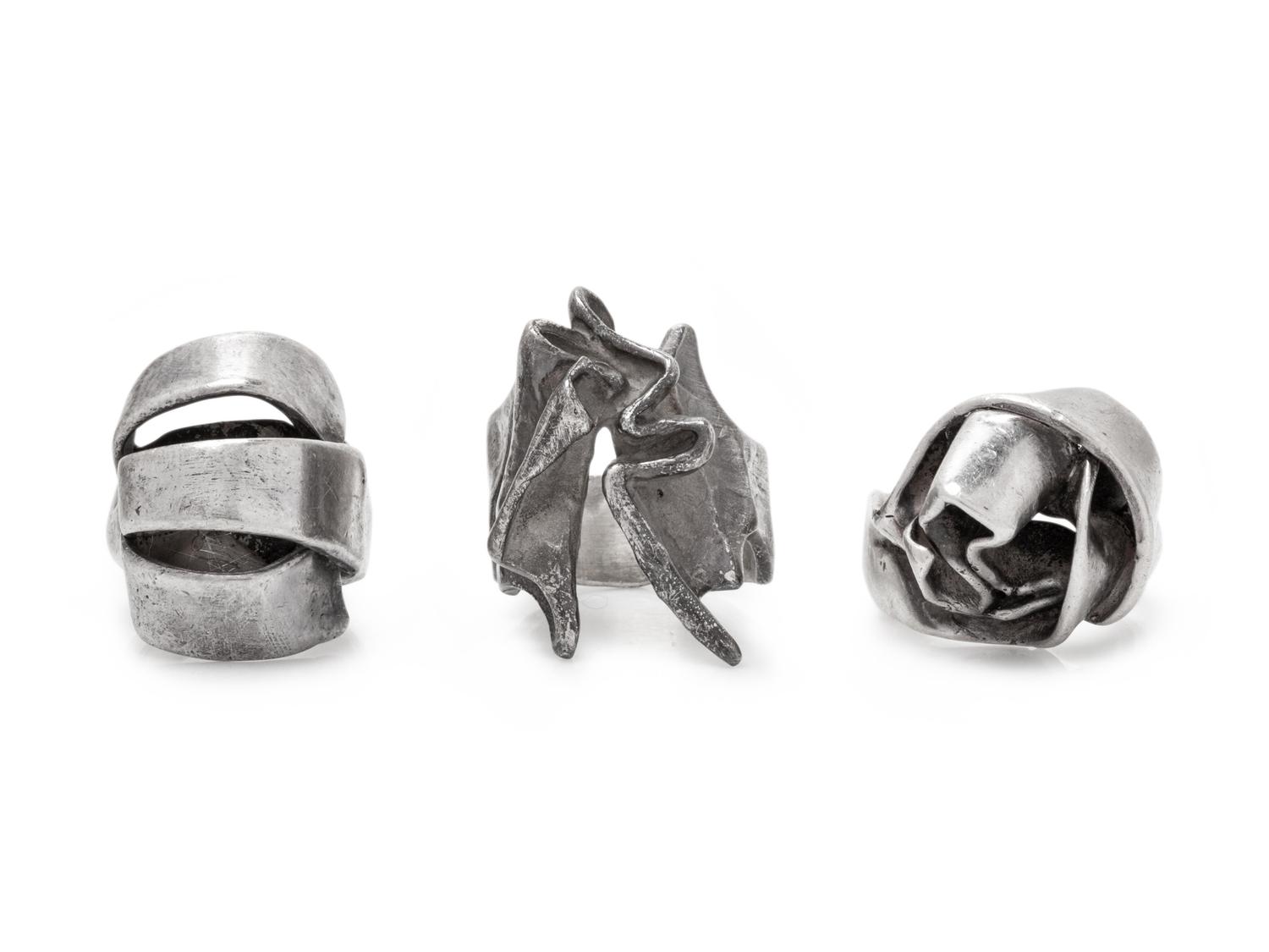 A Collection of Brutalist Sterling Silver Rings,