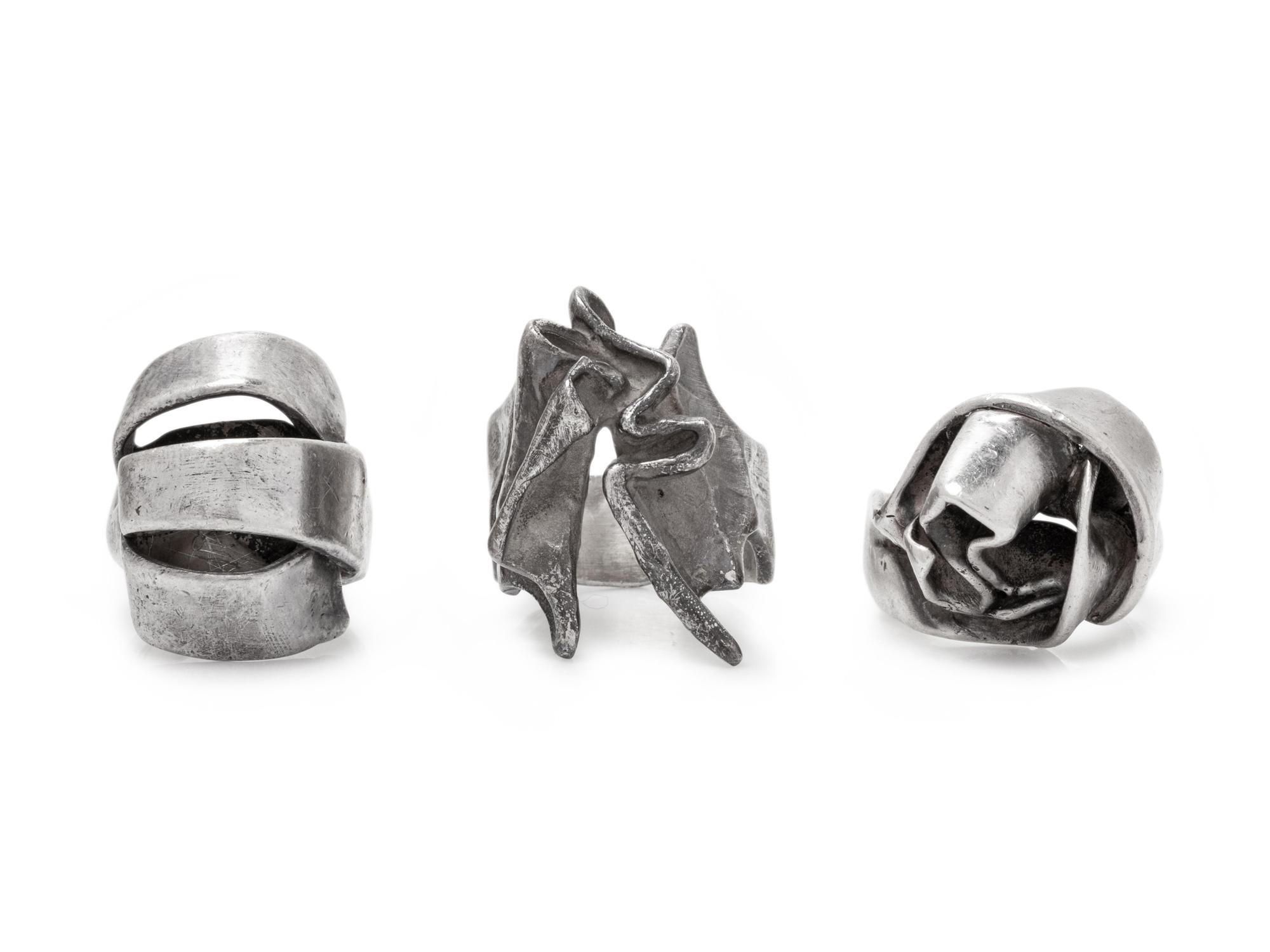 A Collection of Brutalist Sterling Silver Rings,