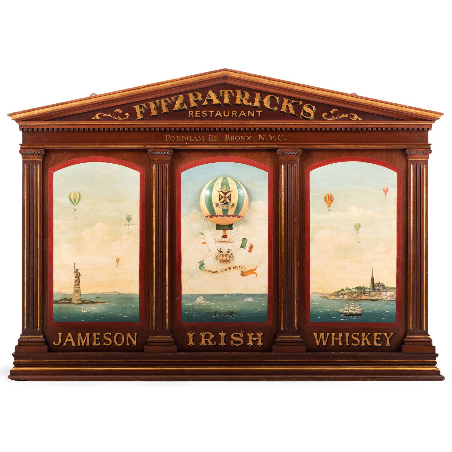 A Jameson Irish Whiskey Fitzpatrick’s Restaurant Hot-Air Balloon Painted Wood Bar Back Panel