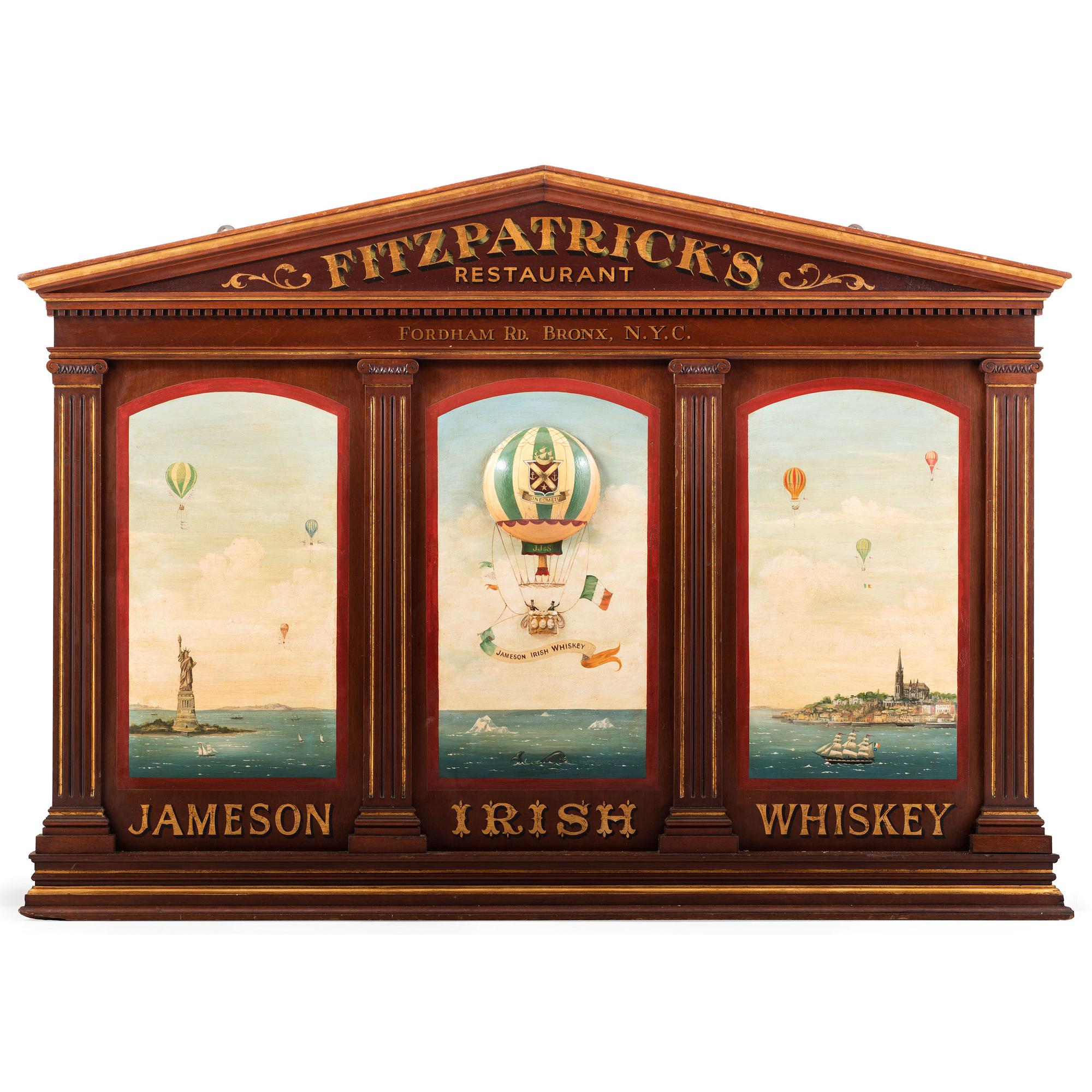 A Jameson Irish Whiskey Fitzpatrick’s Restaurant Hot-Air Balloon Painted Wood Bar Back Panel