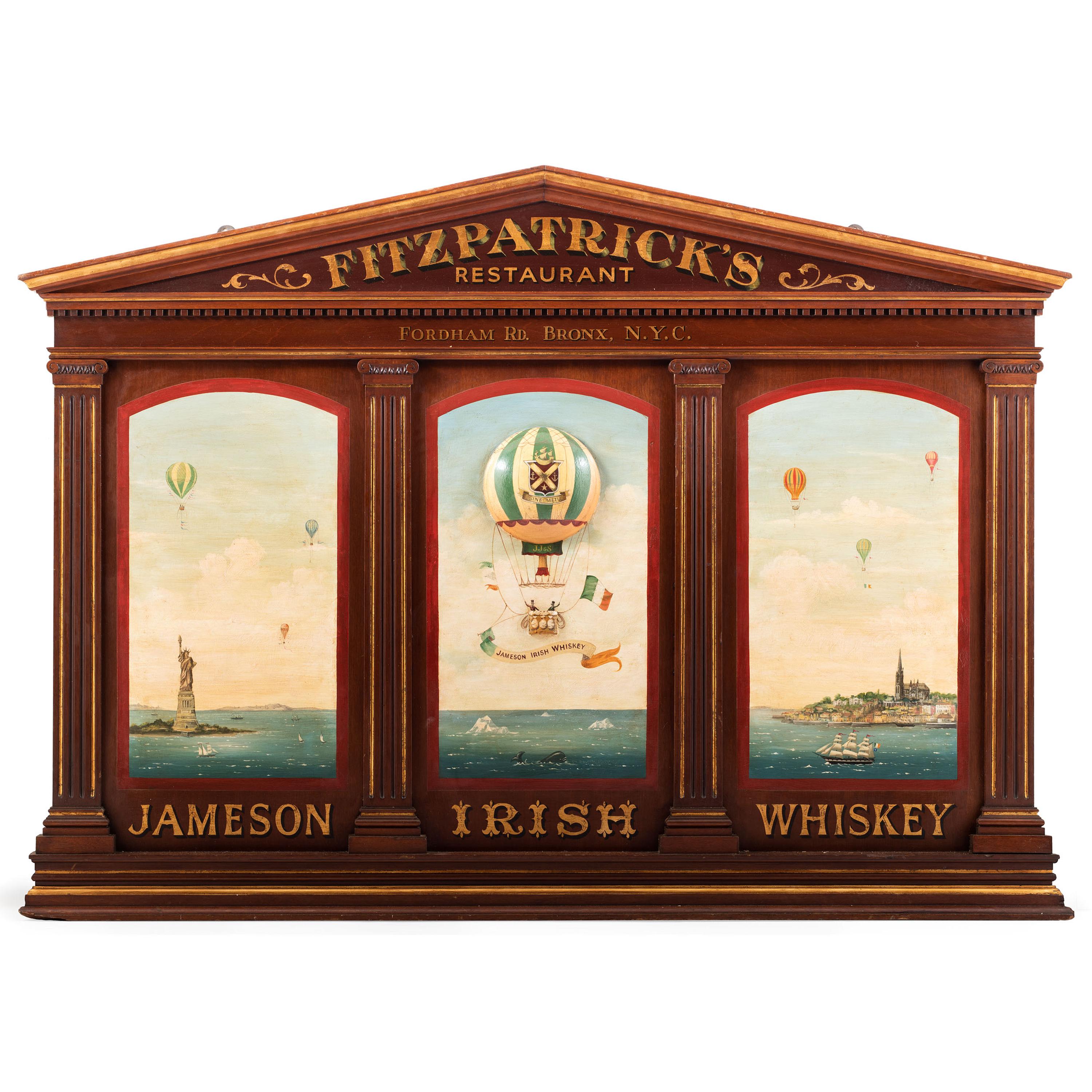 A Jameson Irish Whiskey Fitzpatrick’s Restaurant Hot-Air Balloon Painted Wood Bar Back Panel