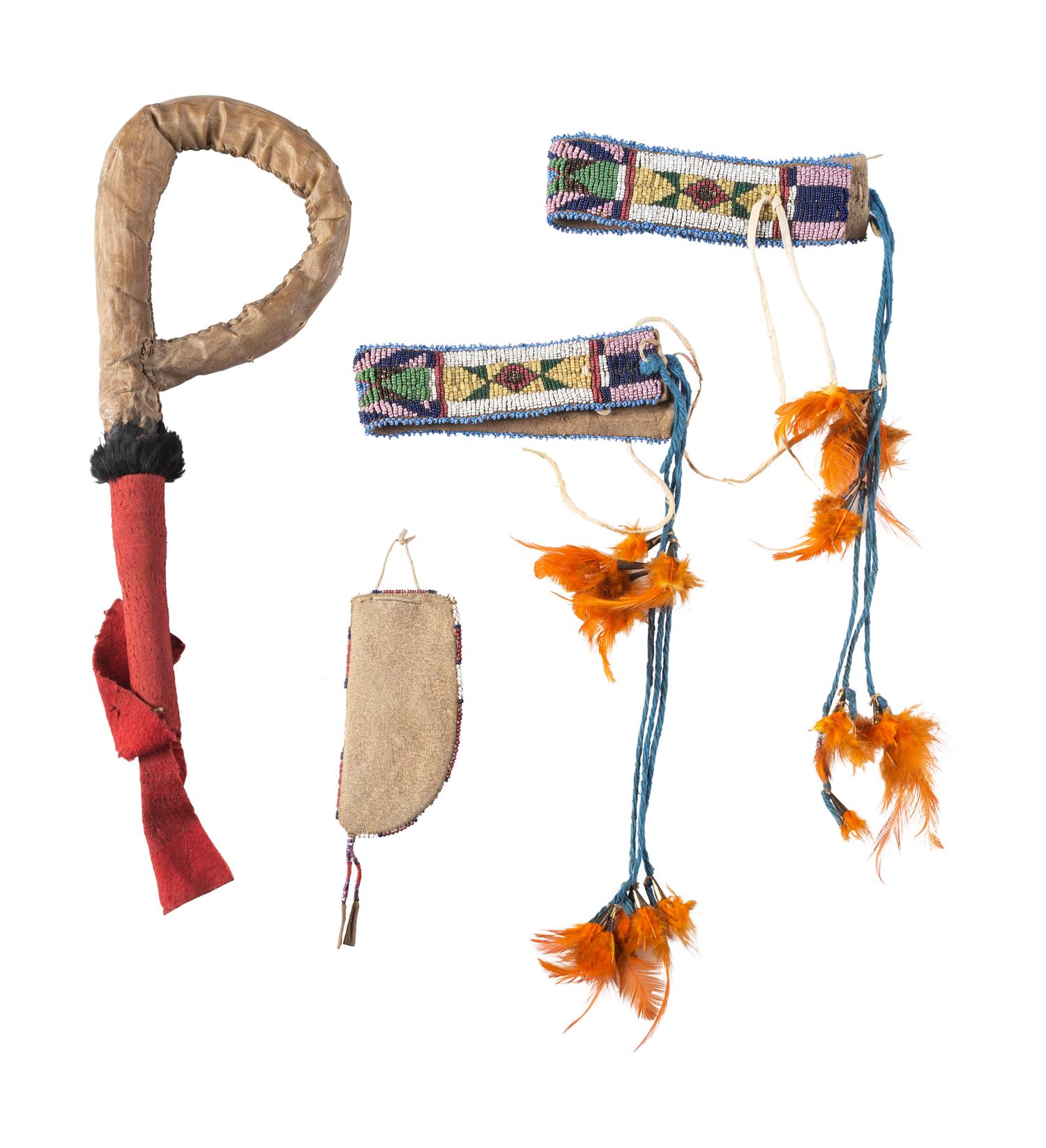 Sioux Beaded Hide Knife Sheath, Armbands, and Rattle