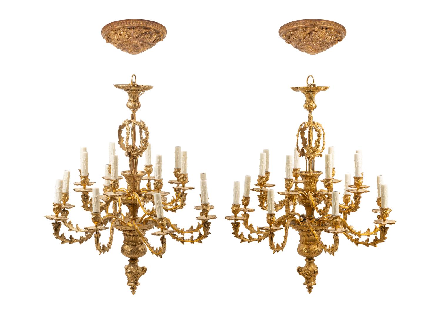 A Pair of Louis XV Style Gilt Bronze Sixteen-Light Chandeliers