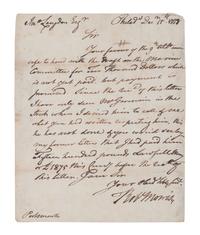 MORRIS, Robert (1734-1806). Autograph letter signed (“Rob’t Morris”), to John Langdon. Philadelphia, 15 December 1778.