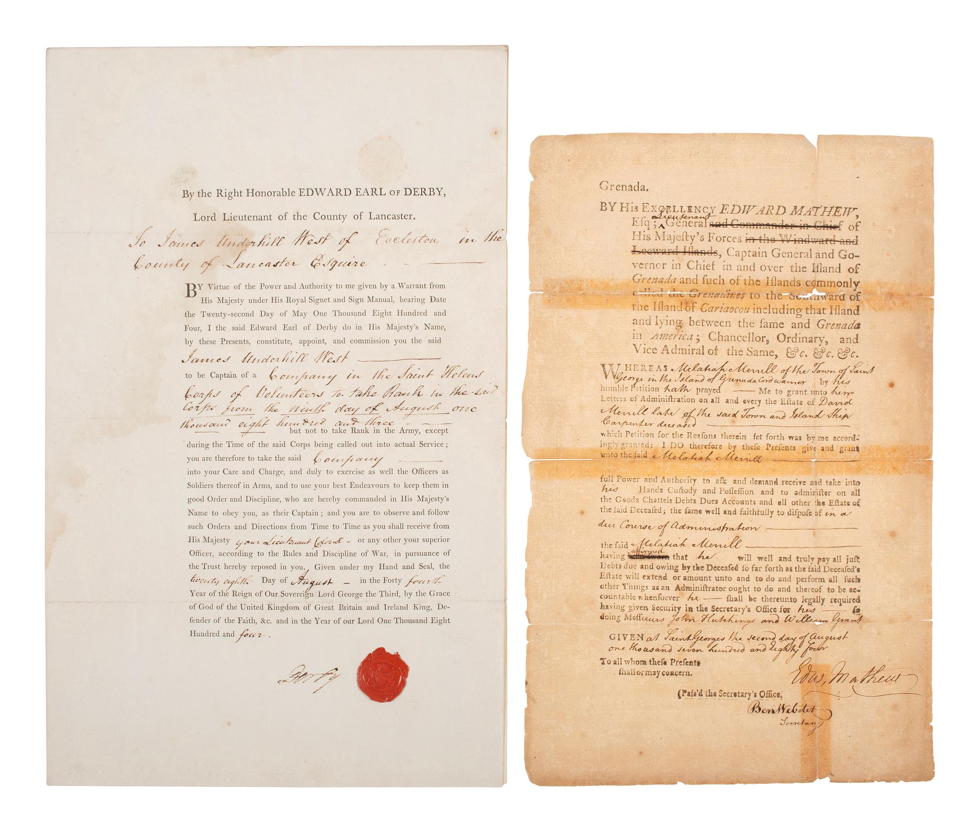 [BRITISH COLONIAL IMPRINTS]. A group of imprints, indentures, and other documents.