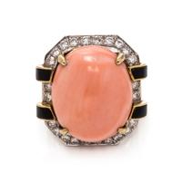 CORAL, DIAMOND AND ONYX RING