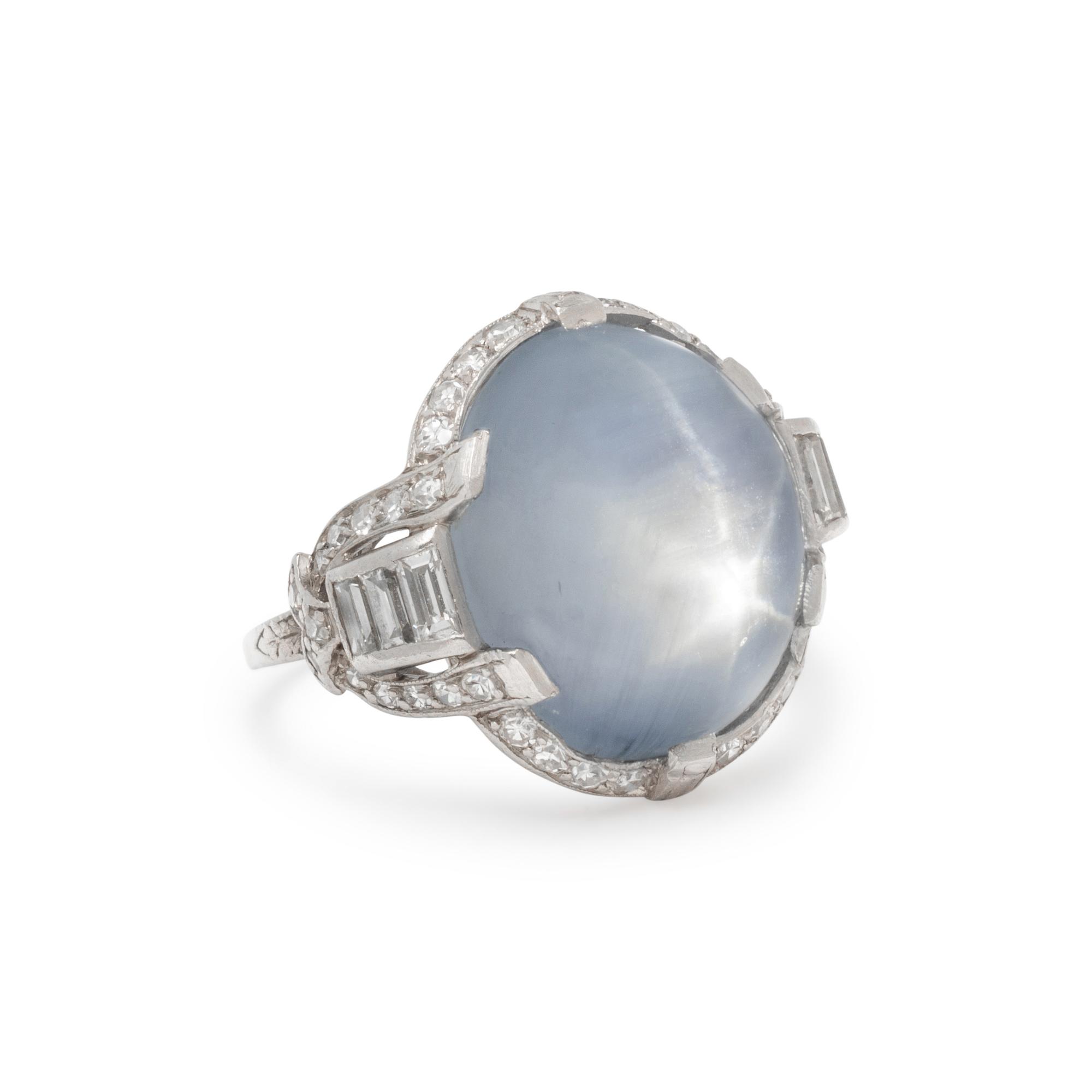 ART DECO, PLATINUM, STAR SAPPHIRE AND DIAMOND RING