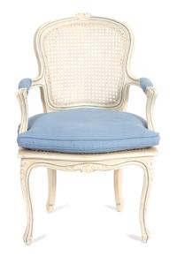 A Louis XV Style Carved and Painted Cane Back and Seat Fauteuil Height 36 inches. — 20TH CENTURY