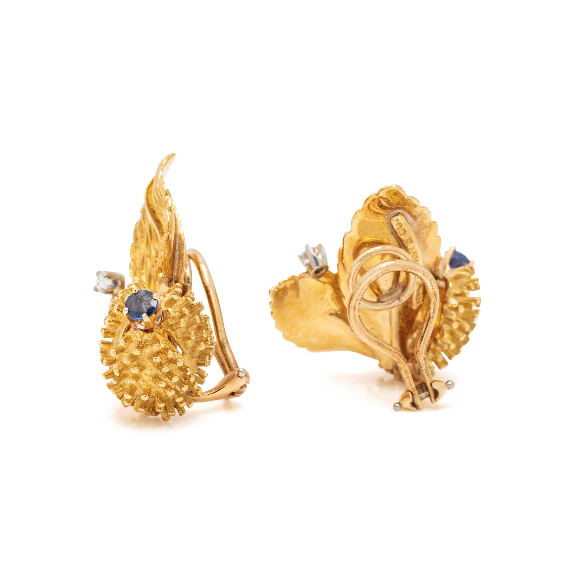 TIFFANY & CO., YELLOW GOLD, DIAMOND AND SAPPHIRE 'MOVING CHESTNUT' BROOCH AND CLIP EARRINGS