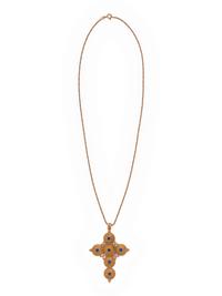 YELLOW GOLD AND SYNTHETIC SPINEL CROSS PENDANT/NECKLACE