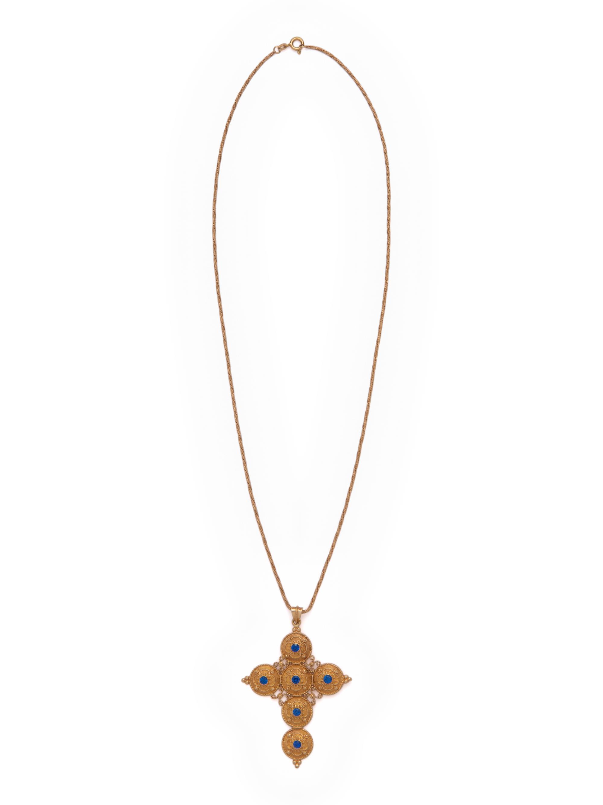 YELLOW GOLD AND SYNTHETIC SPINEL CROSS PENDANT/NECKLACE