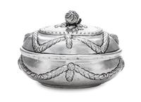 A German Silver Oval Sugar Box, Maker's marks obscured, Hanau, 19th Century, the hinged oval box worked with repousse husk garland swag