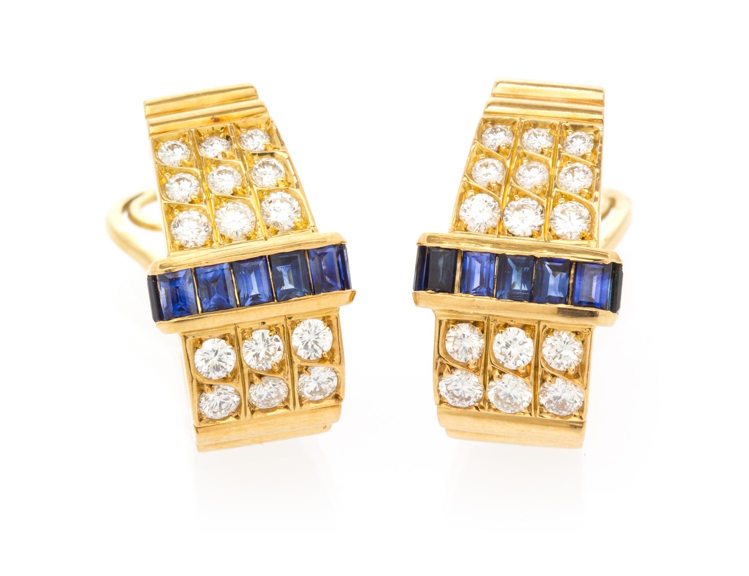 A Pair 18 Karat Yellow Gold, Sapphire and Diamond Earclips, 11.60 dwts.