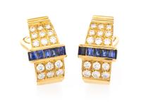 A Pair 18 Karat Yellow Gold, Sapphire and Diamond Earclips, 11.60 dwts.