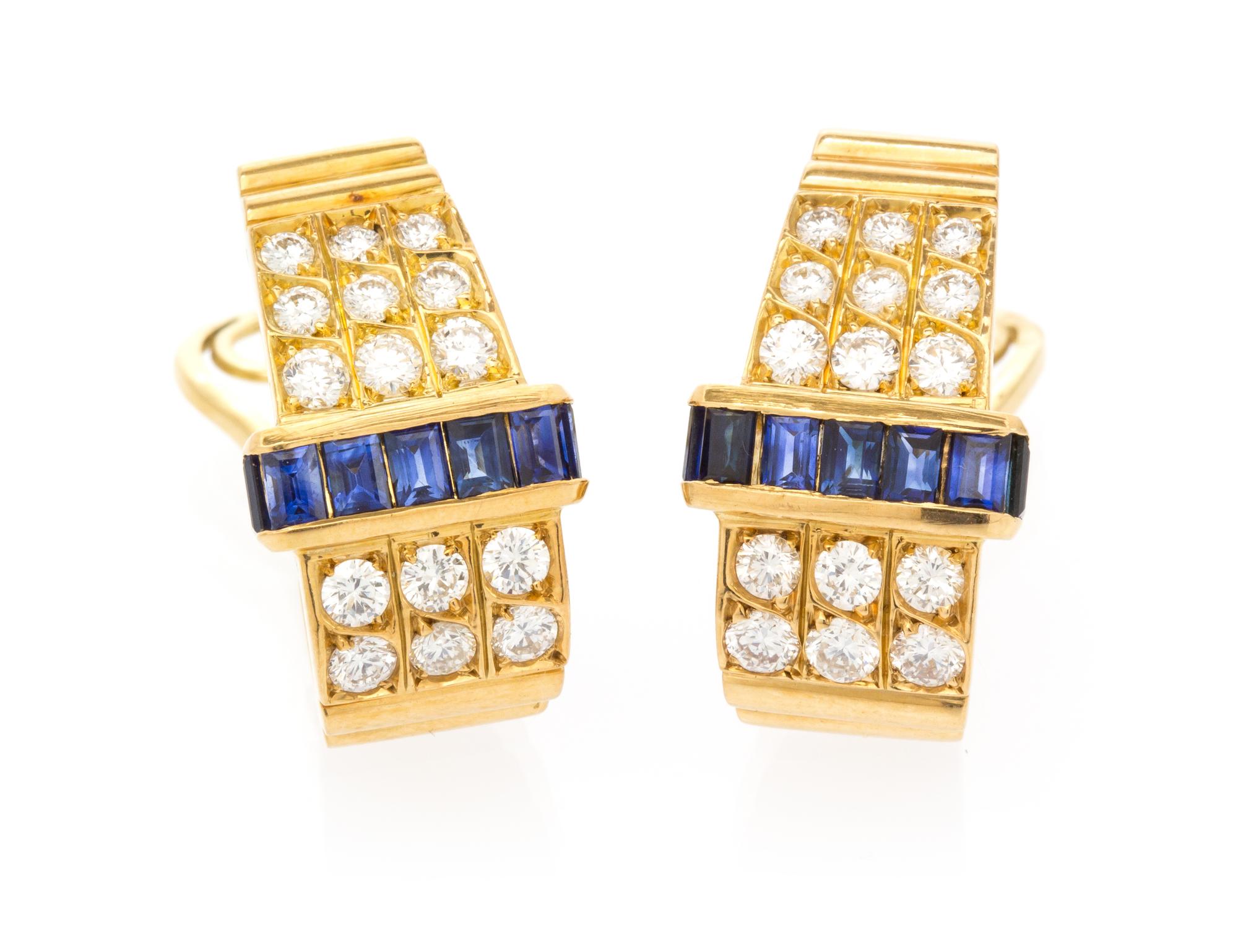 A Pair 18 Karat Yellow Gold, Sapphire and Diamond Earclips, 11.60 dwts.