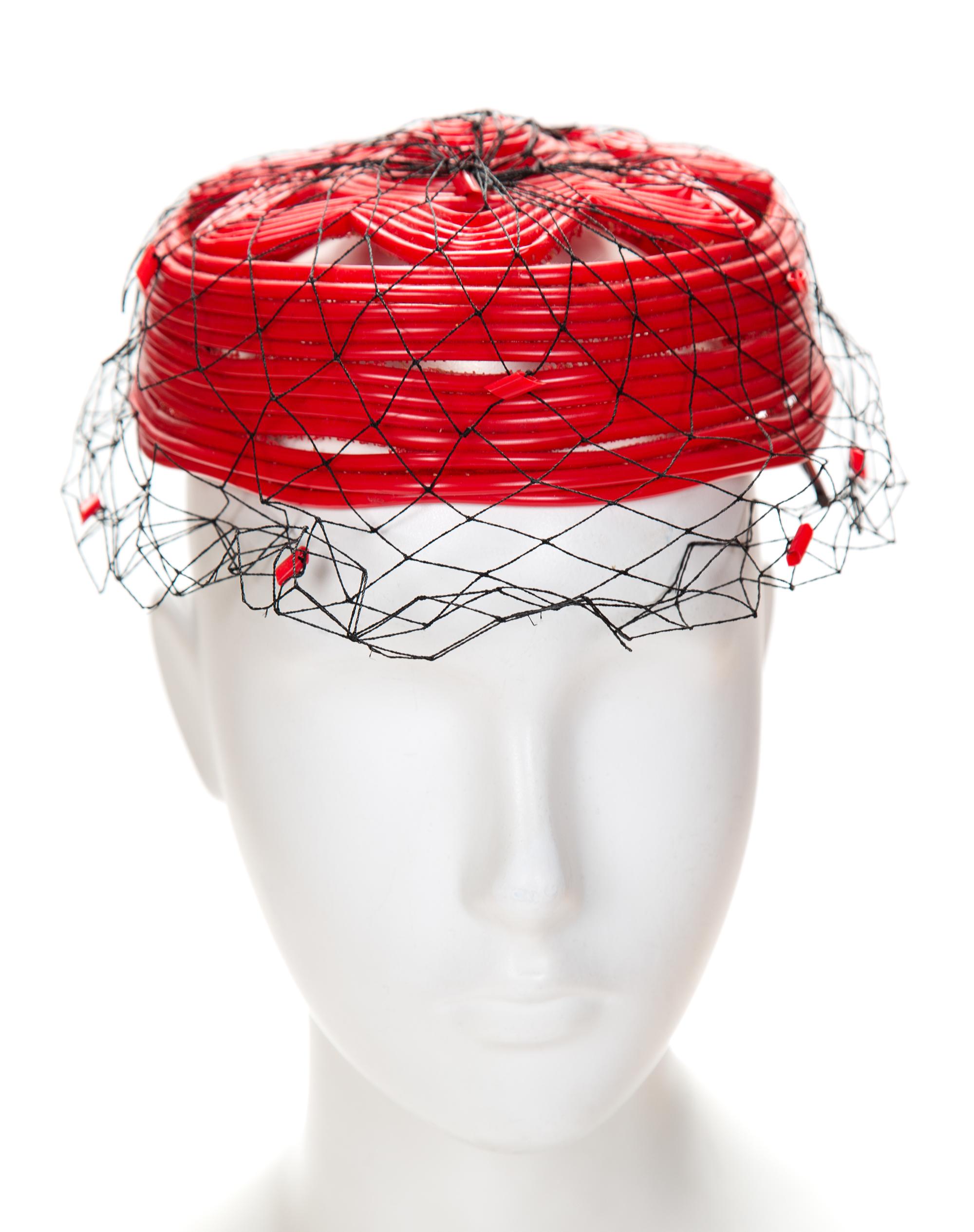 A Bes-Ben Rare Red Plastic Tubed Hat, 6.5" x 6.75"; Circumference:19.5"