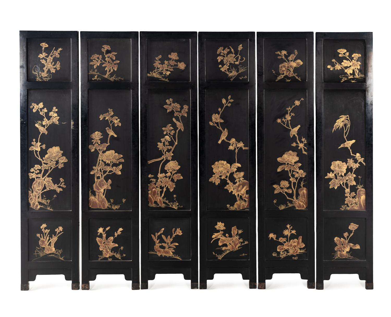 A Chinese Hardstone Embellished and Black Lacquered Six-Panel Floor Screen