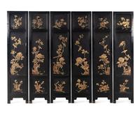 A Chinese Hardstone Embellished and Black Lacquered Six-Panel Floor Screen