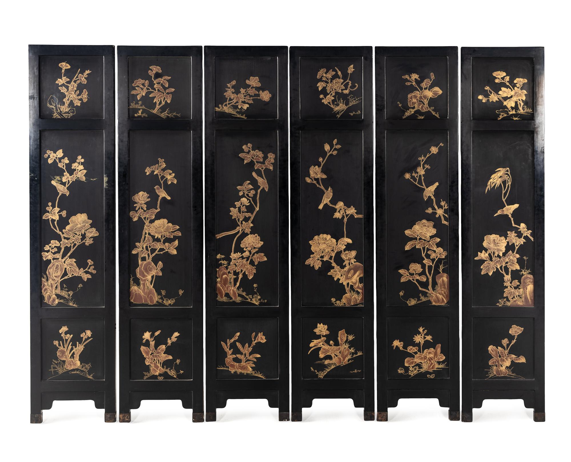 A Chinese Hardstone Embellished and Black Lacquered Six-Panel Floor Screen
