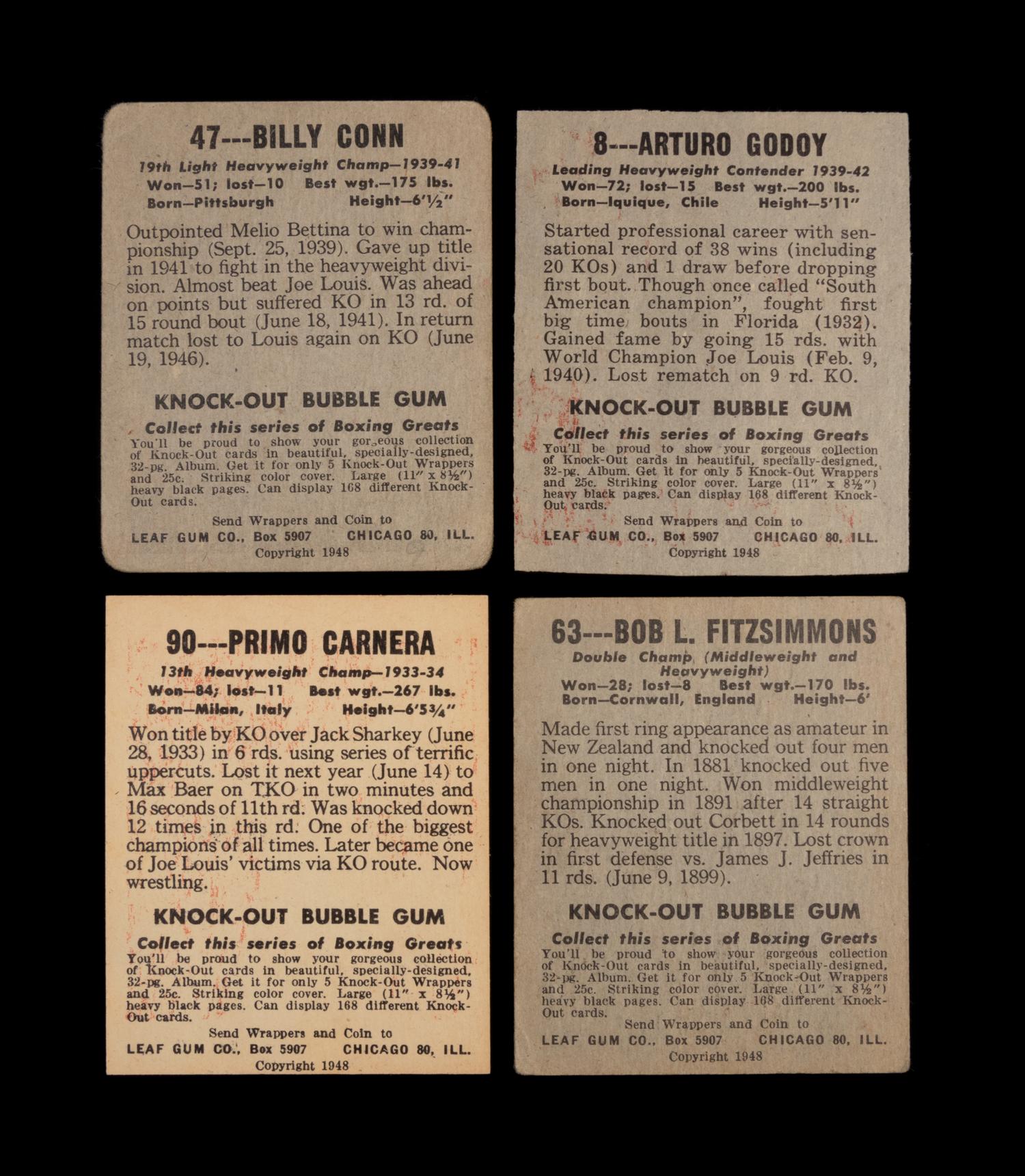 A Group of Four 1948 Leaf Boxing Cards Including a Signed Billy Conn,