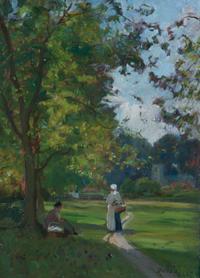 Sir Alfred East, (British, 1849-1913), Two Women Under a Tree