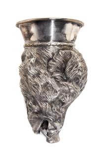 A Russian Silver Figural Stirrup Cup, Probably Andrei Antonov, Moscow, 1885, in the form of a boar's head with gilt interior.