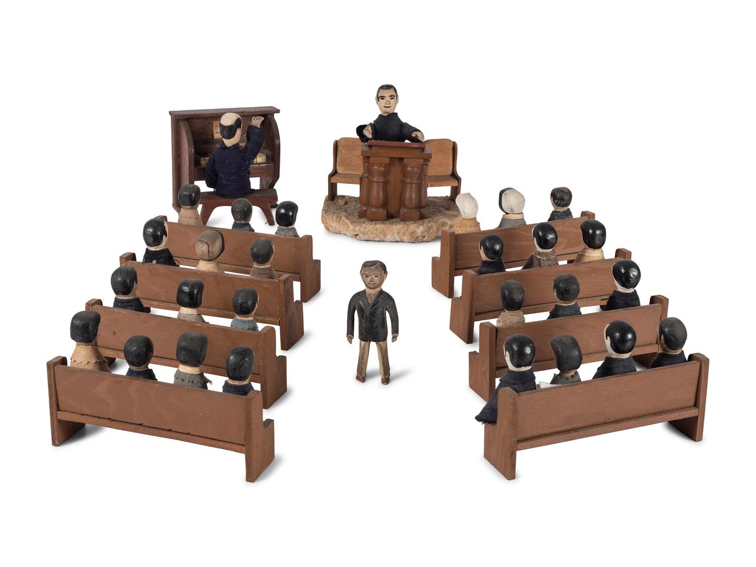 A Carved Wood Folk Art Church Toy Set