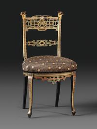 An Aesthetic Movement Painted, Parcel Gilt and Ebonized Bird-Carved Side Chair