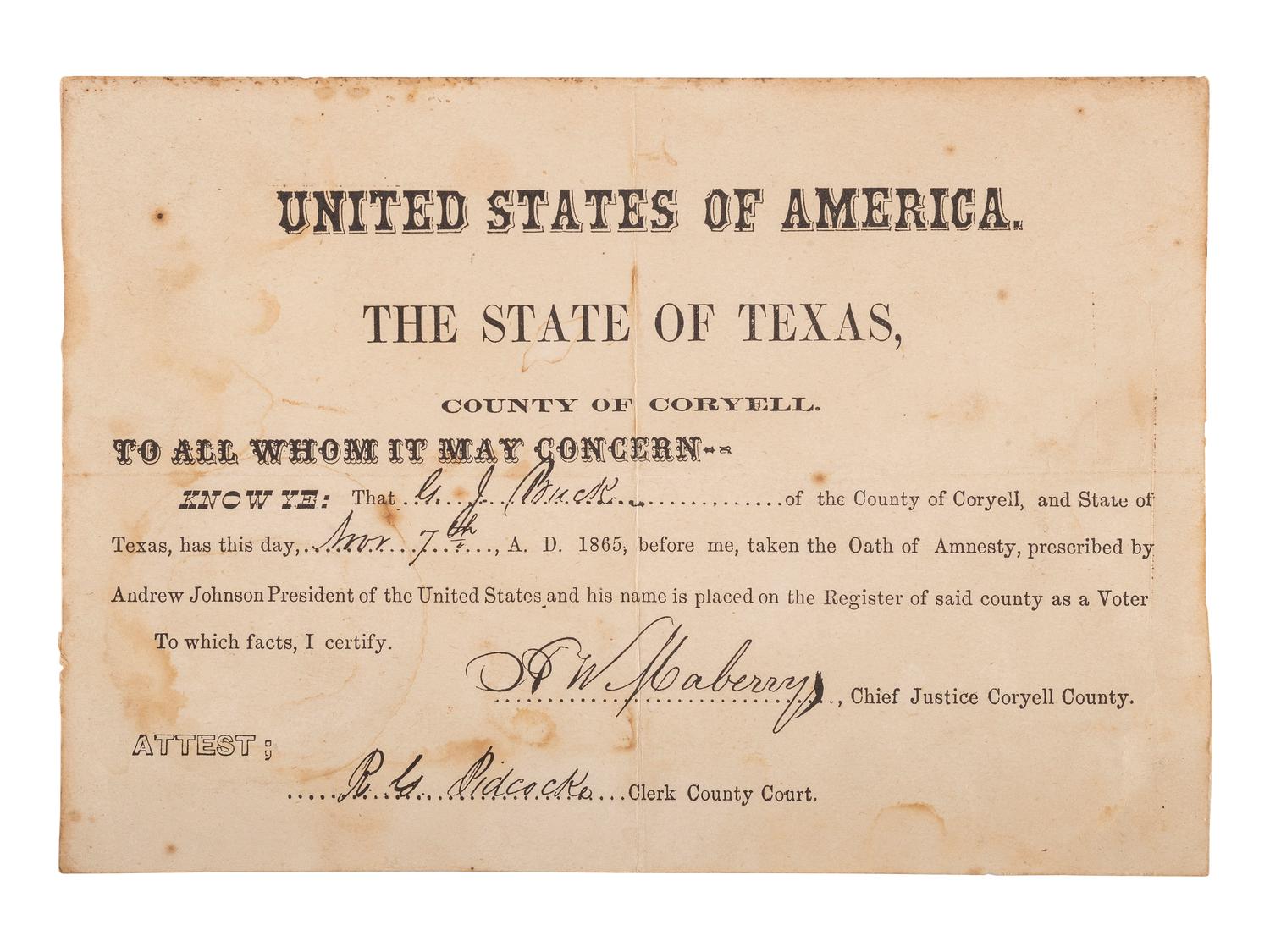 [CIVIL WAR] -- [CONFEDERATE]. 1865 Confederate Oath of Amnesty for G.J. Buck, Co. D, Texas 21st Cavalry. Coryell County, TX, 7 November 1865.