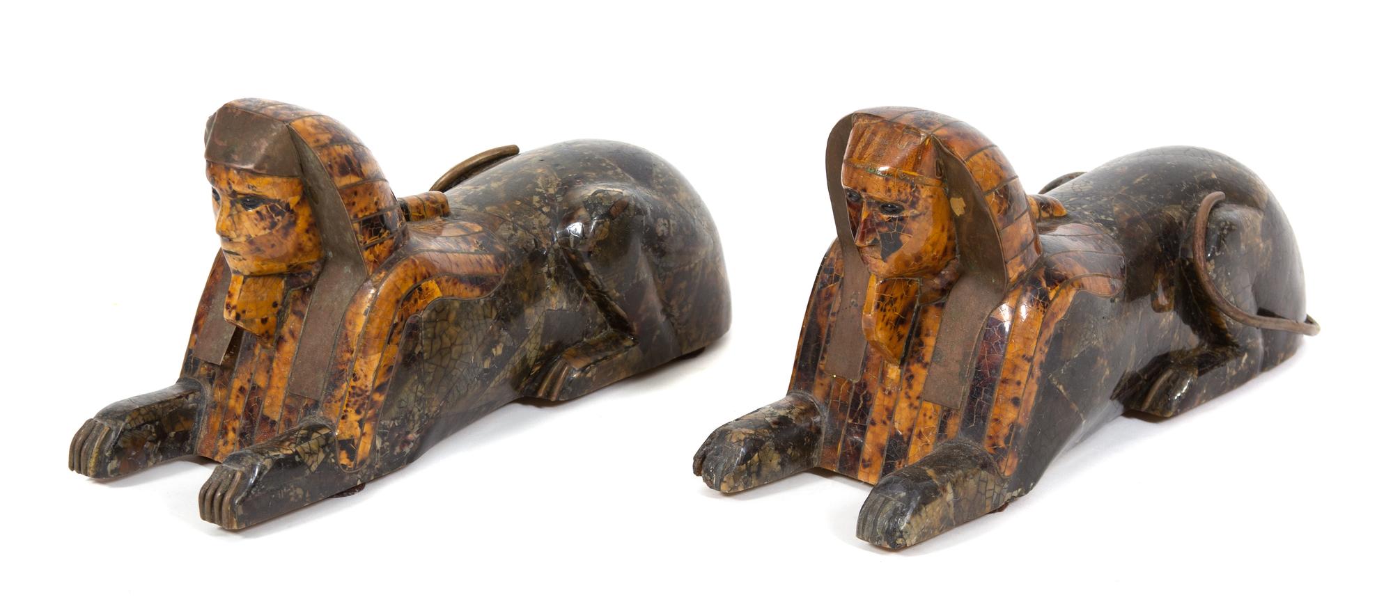 A Pair of Anthony Redmile Carved Wood and Tortoishell Veneer Sphinxes Height 6 1/4 x length 13 inches. — MID-20TH CENTURY