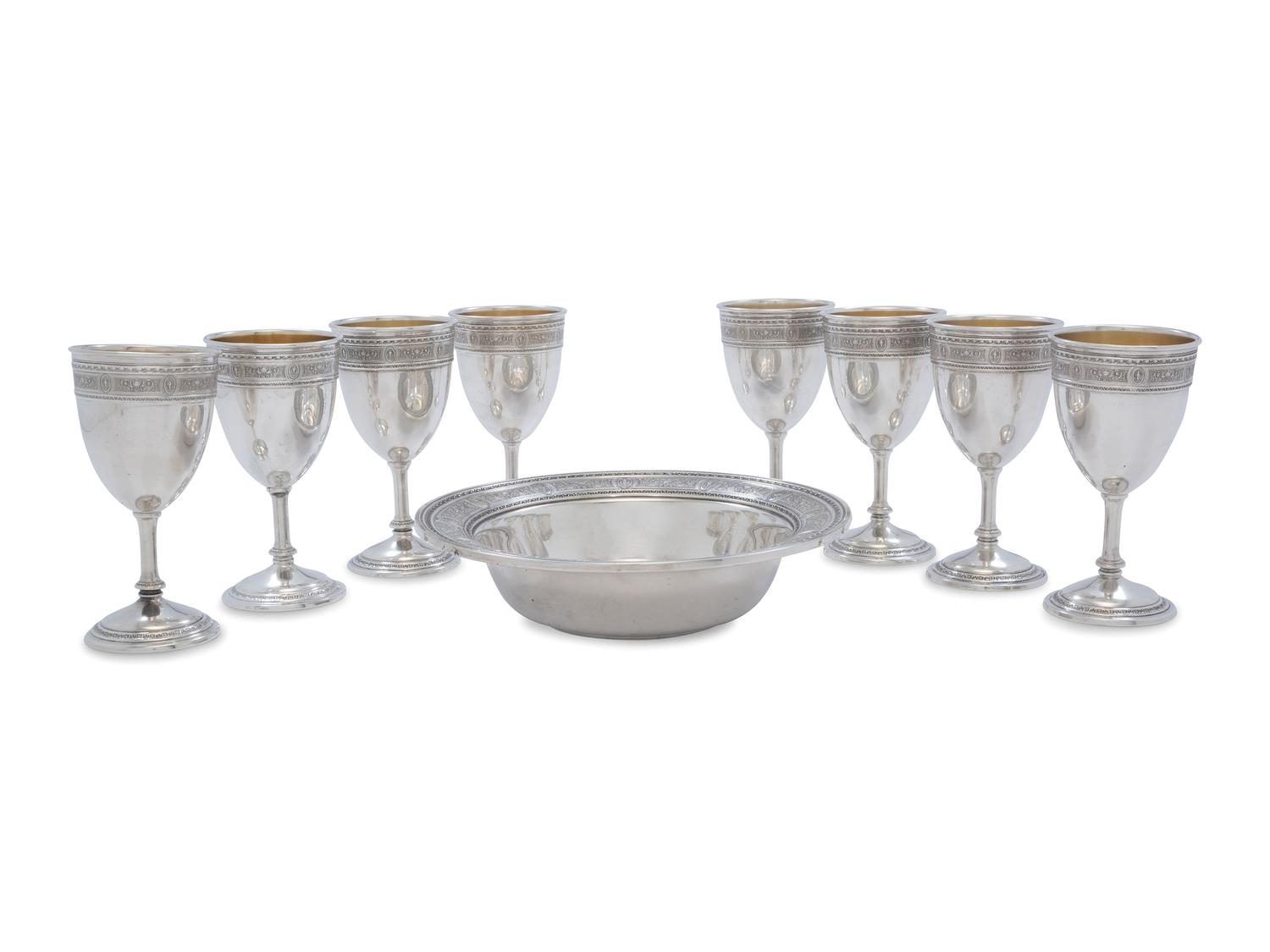A Set of Eight American Silver Goblets and a Matching Bowl