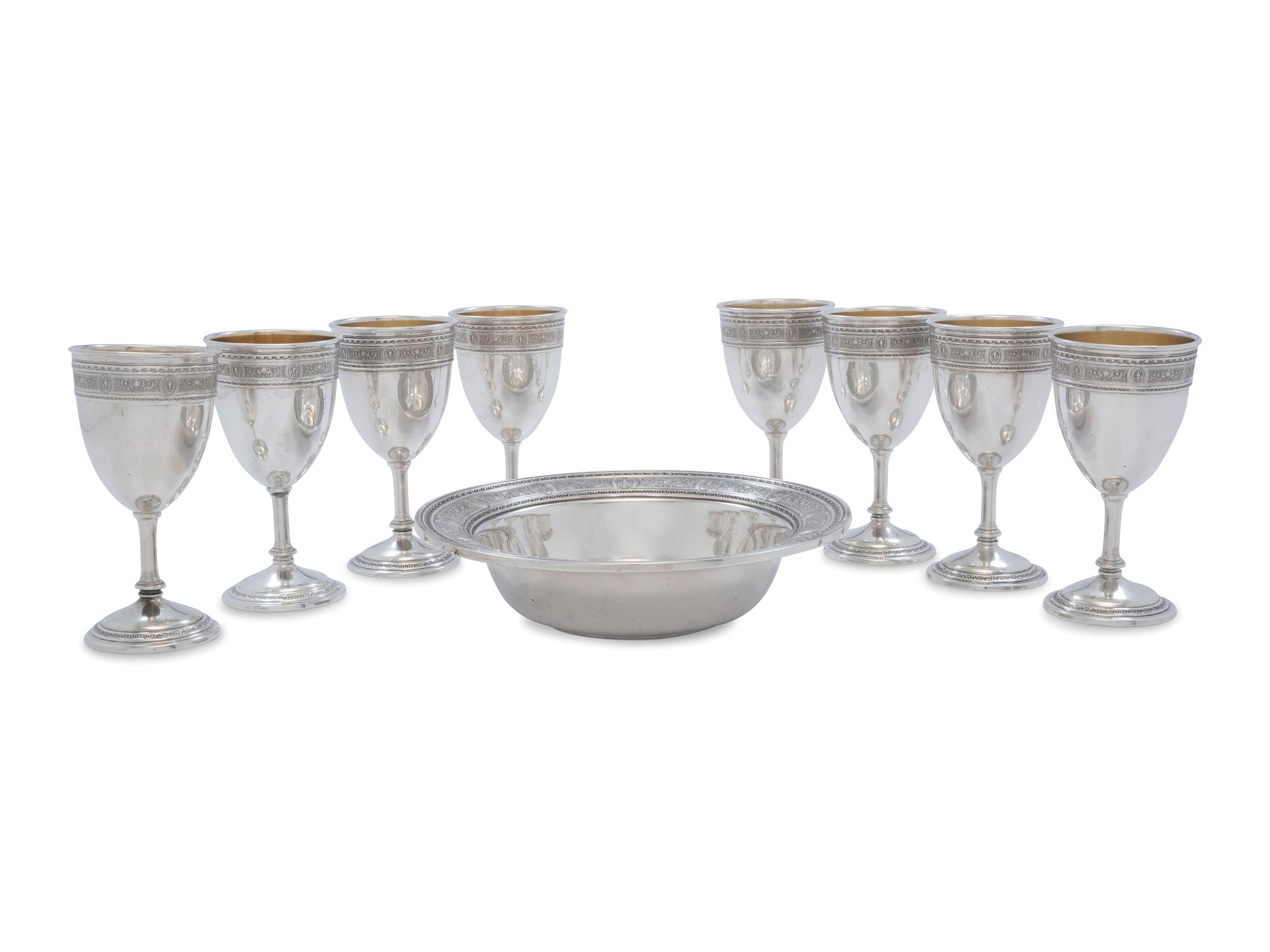 A Set of Eight American Silver Goblets and a Matching Bowl
