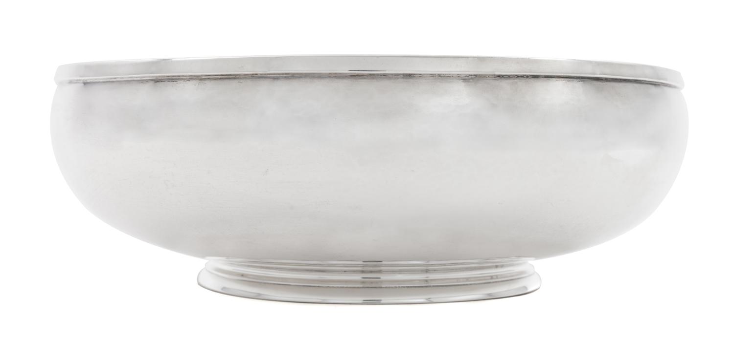 An American Silver Center Bowl, Erickson Silver Shop, Gardner, MA, having a rolled rim and a stepped base.