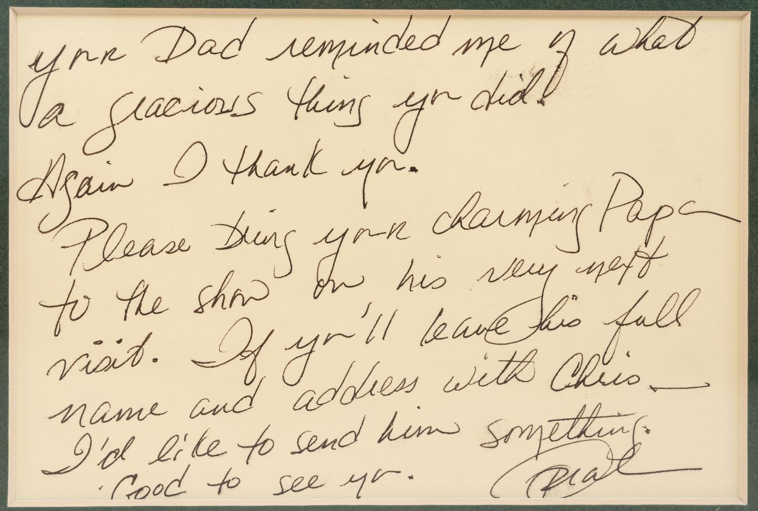 (Celebrity Memorabilia). WINFREY. Oprah (1967). A handwritten note from Oprah Winfrey (1954) to Bill Zwecker, written in 1987.