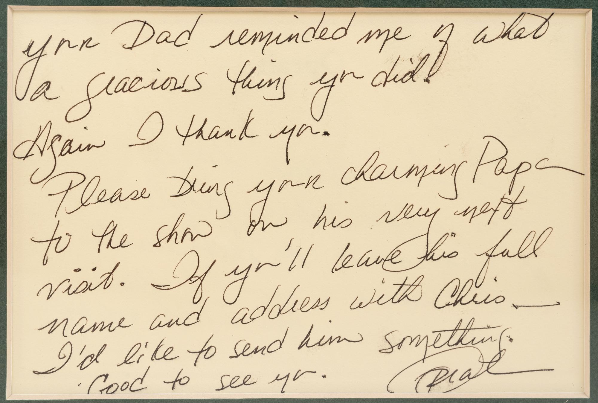 (Celebrity Memorabilia). WINFREY. Oprah (1967). A handwritten note from Oprah Winfrey (1954) to Bill Zwecker, written in 1987.