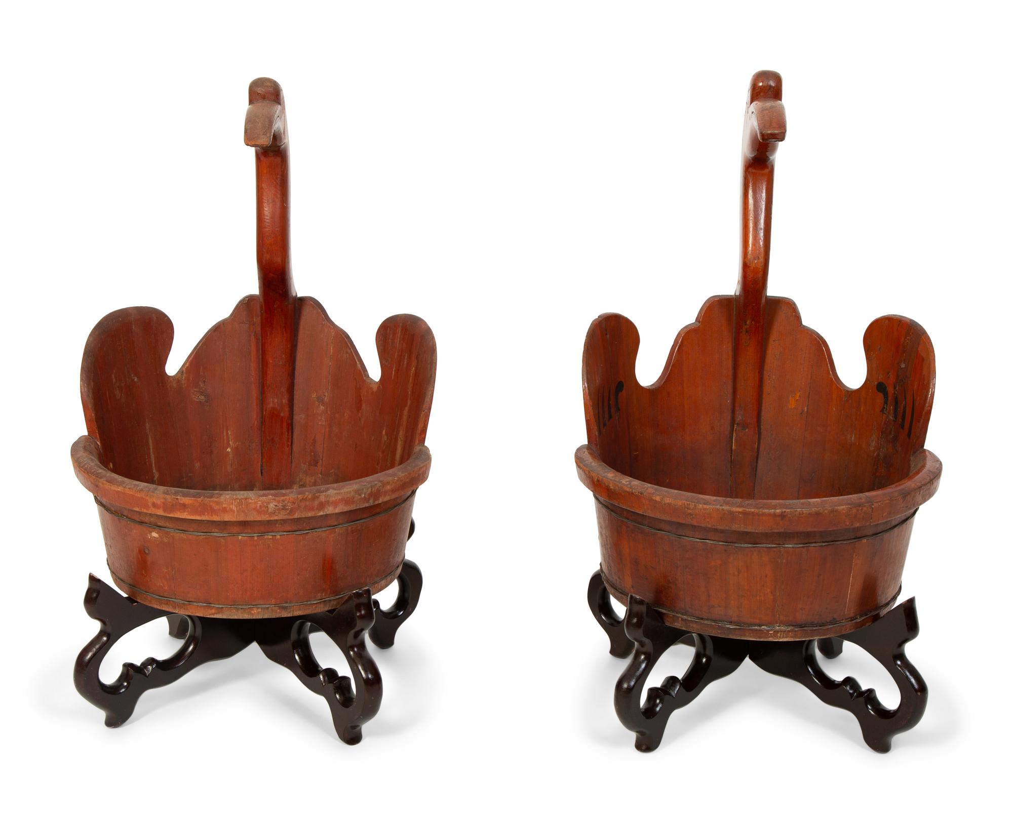 A Pair of Vintage Japanese Painted and Stained Pine Crane Handled Basins — 19TH/20TH CENTURY