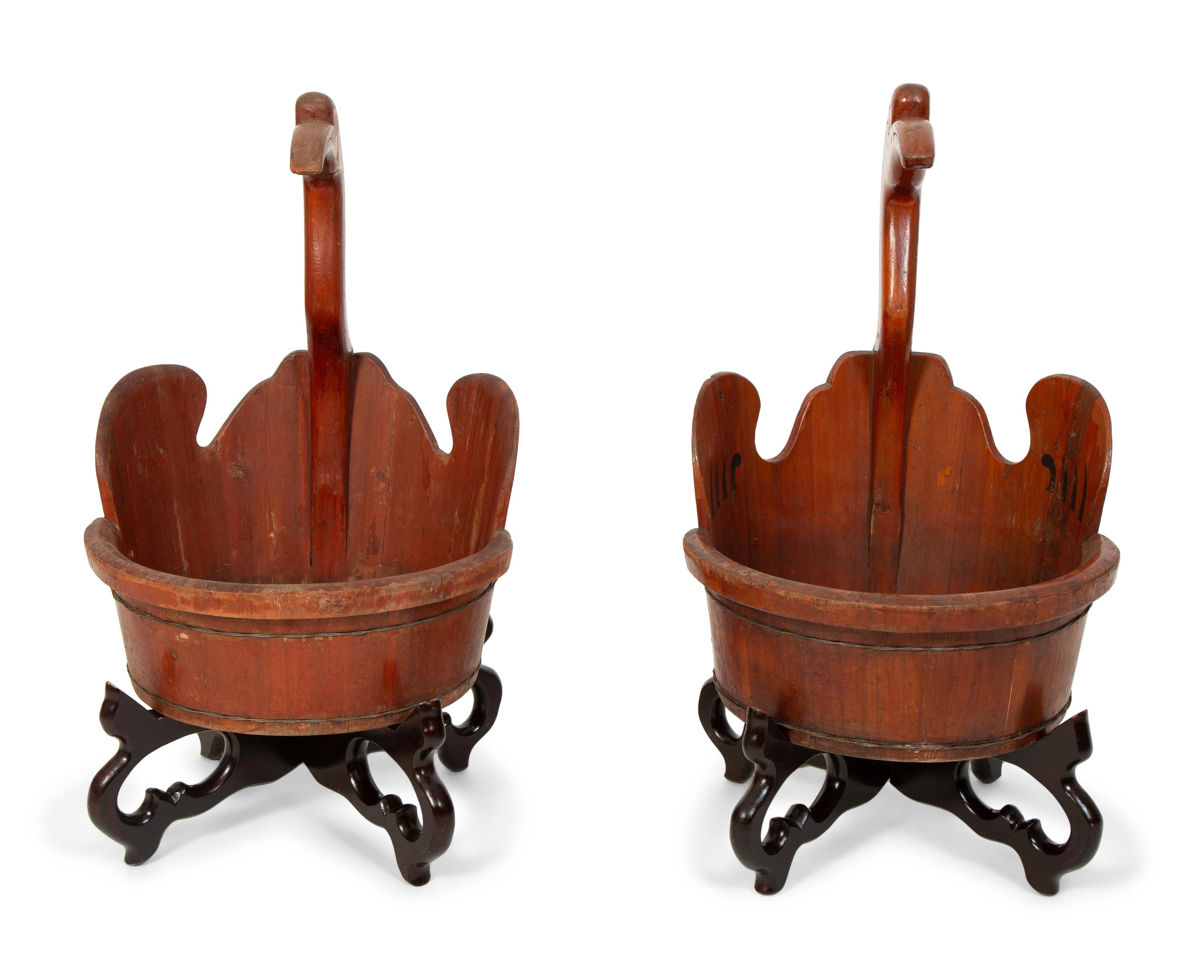 A Pair of Vintage Japanese Painted and Stained Pine Crane Handled Basins — 19TH/20TH CENTURY