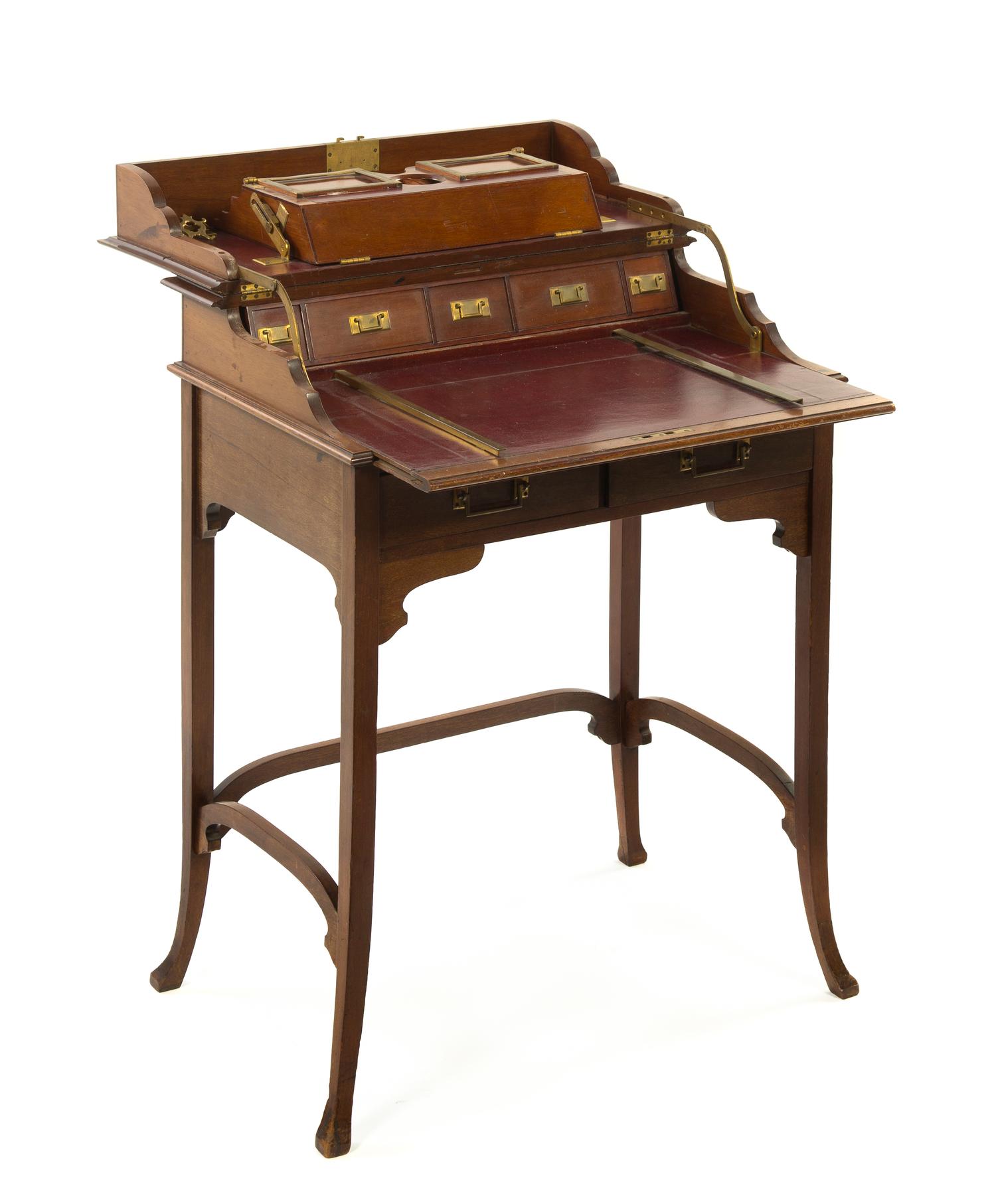 An English Mahogany Lady's Mechanical Writing Desk, Height 32 3/4 x width 25 3/4 x depth 17 1/2 inches.
