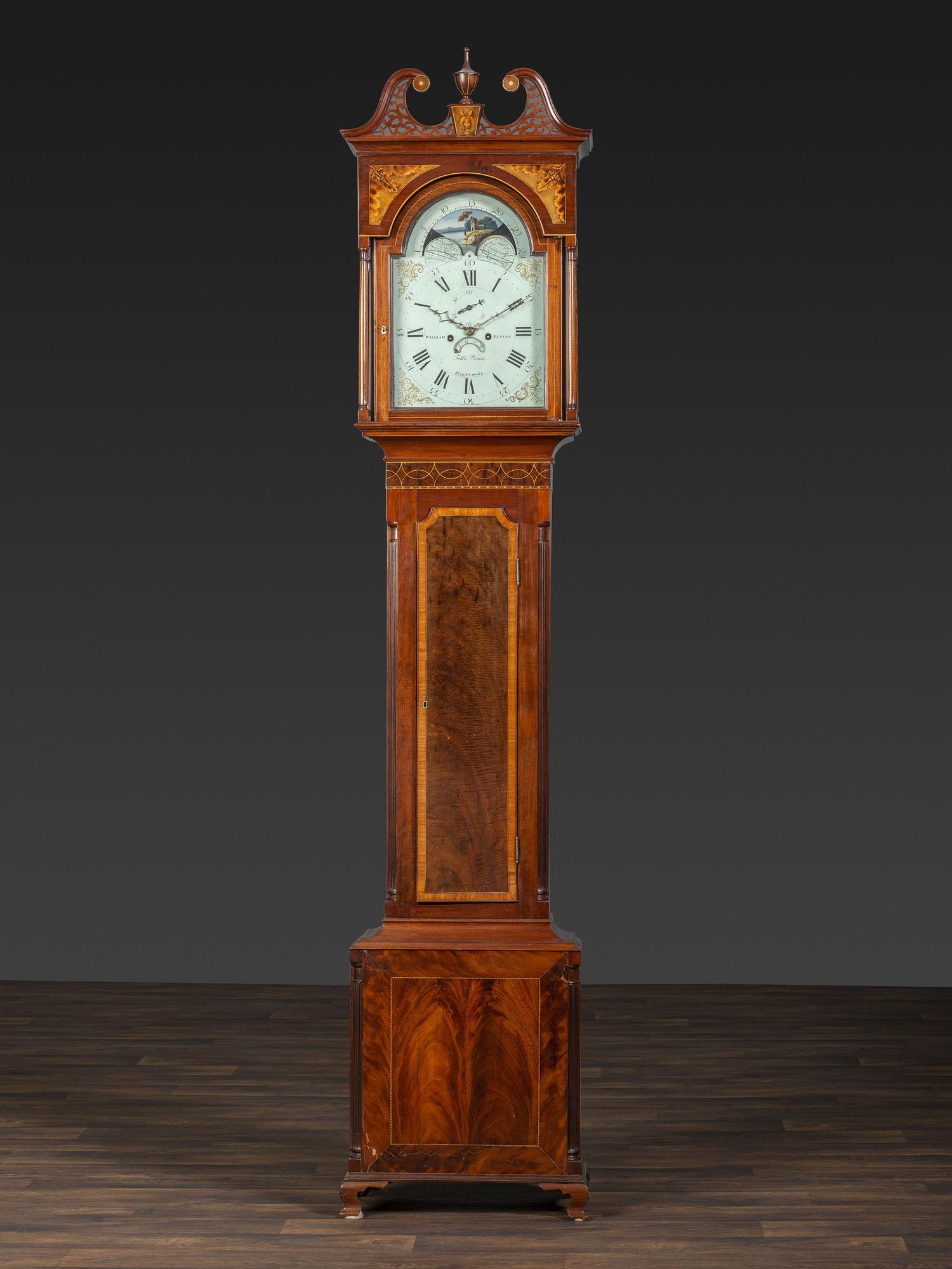 A Rare Federal Inlaid and Pierce-Carved Mahogany Tall Case Clock