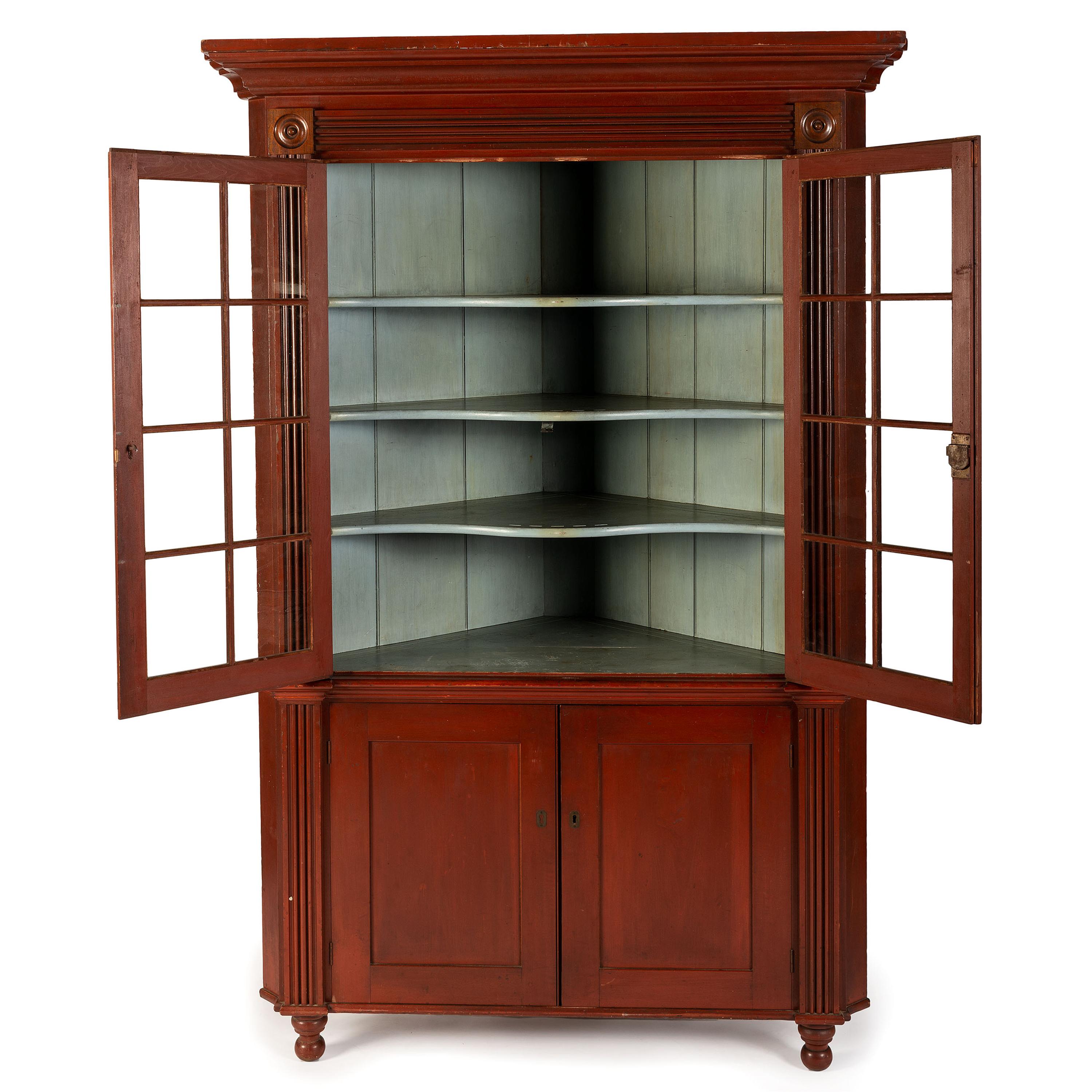 A Federal Red Painted Walnut Corner Cupboard