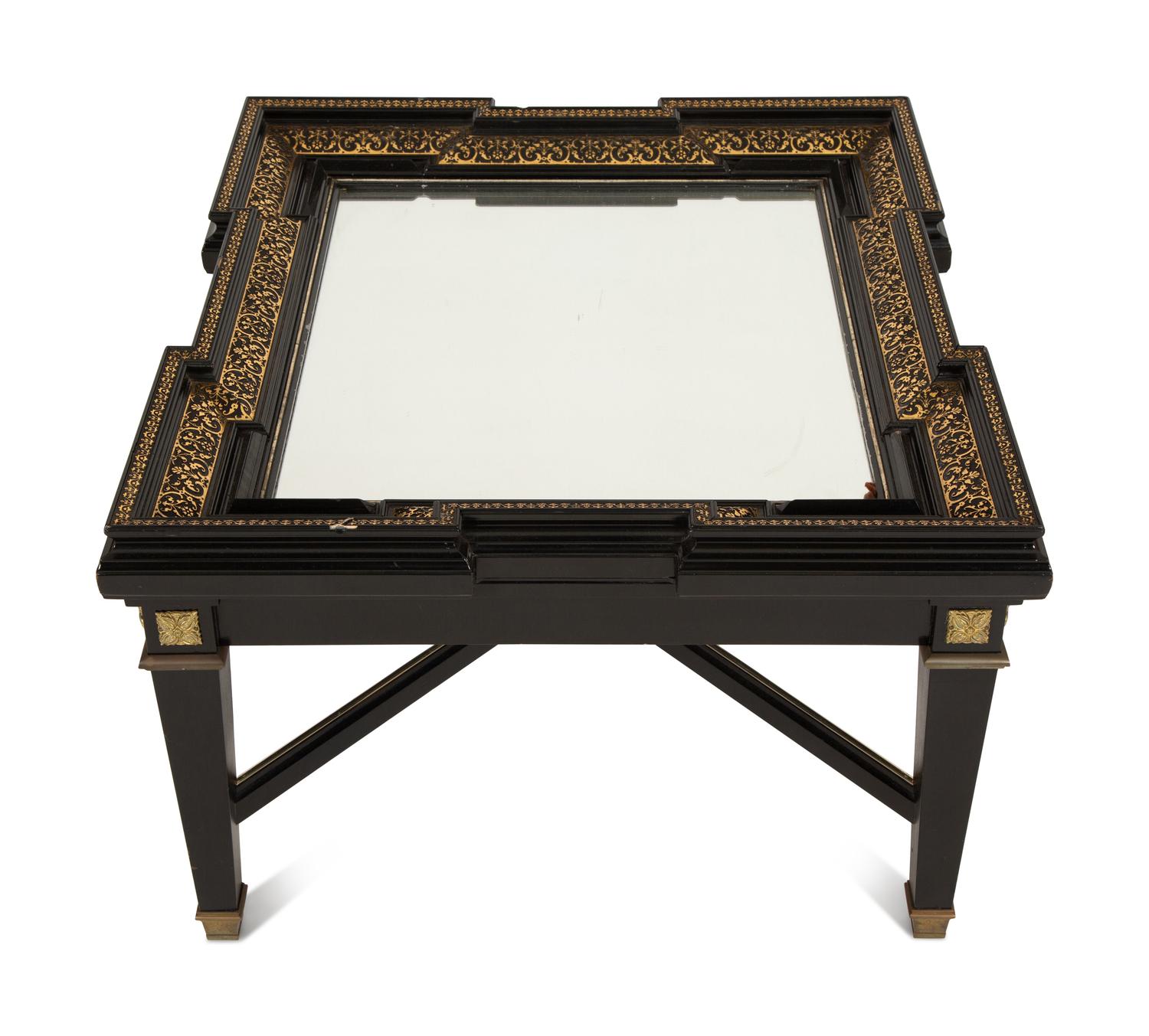A Neoclassical Style Ebonized Low Table with a Brass Inlaid Framed Mirror Top — 20th Century