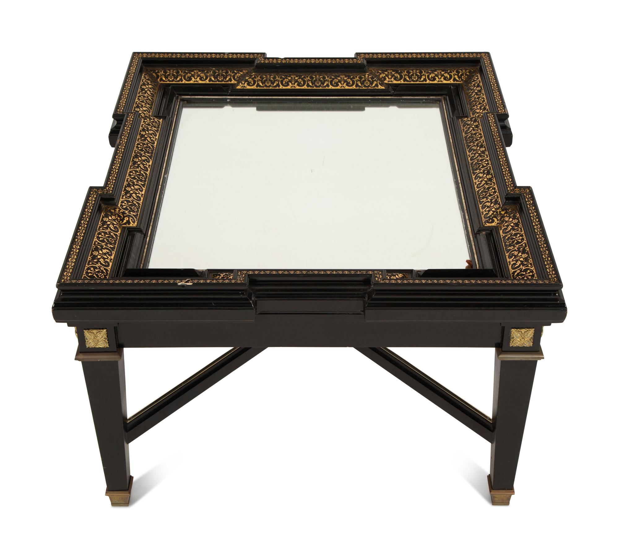 A Neoclassical Style Ebonized Low Table with a Brass Inlaid Framed Mirror Top — 20th Century