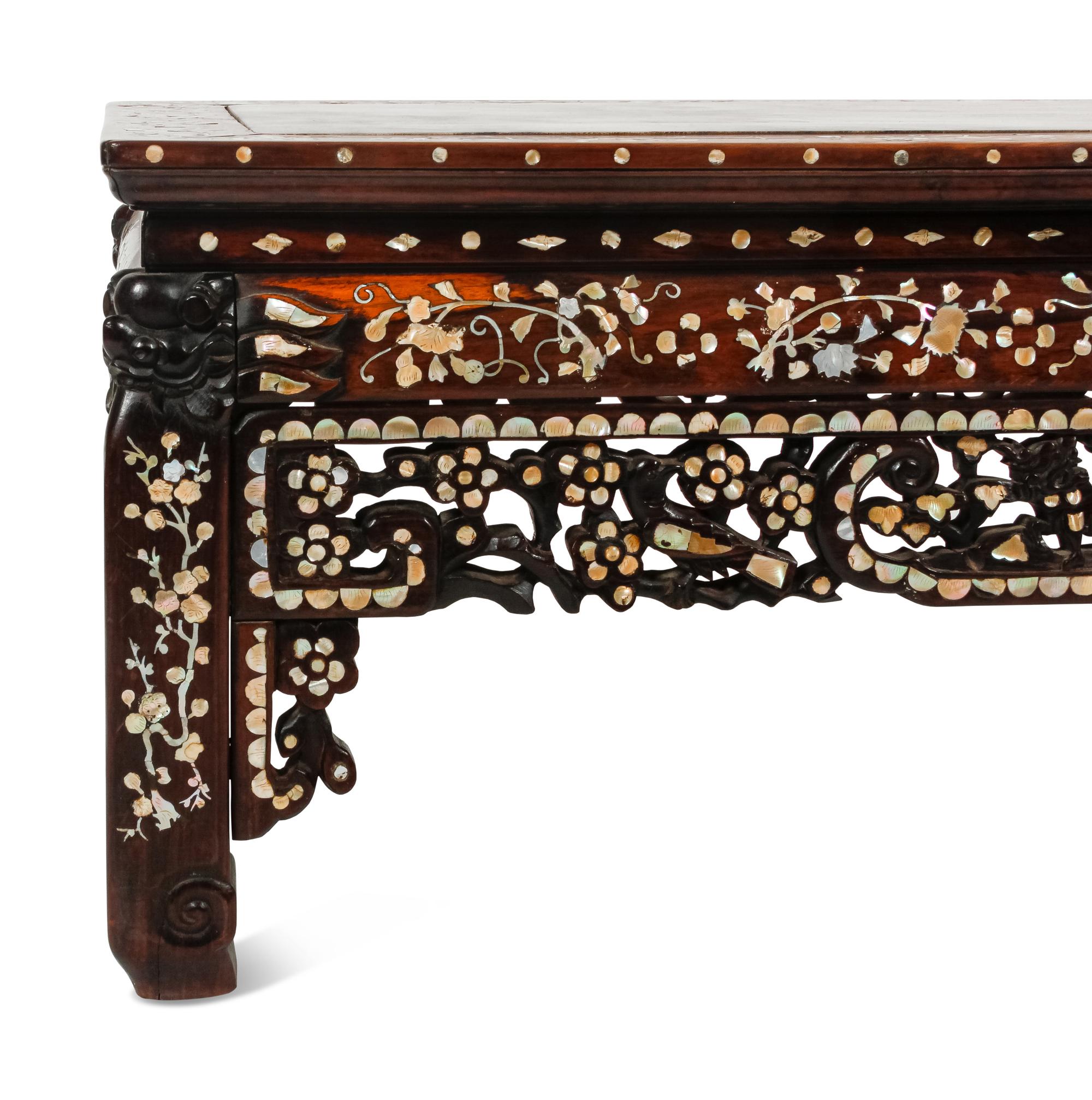 A Chinese Mother-of-Pearl Inlaid Rosewood Settee and a Low Table